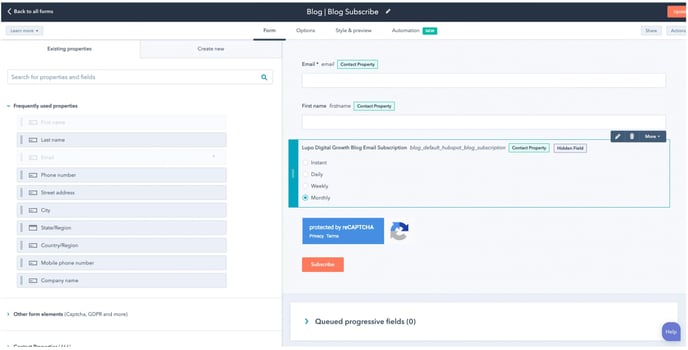 Subscription form frequency